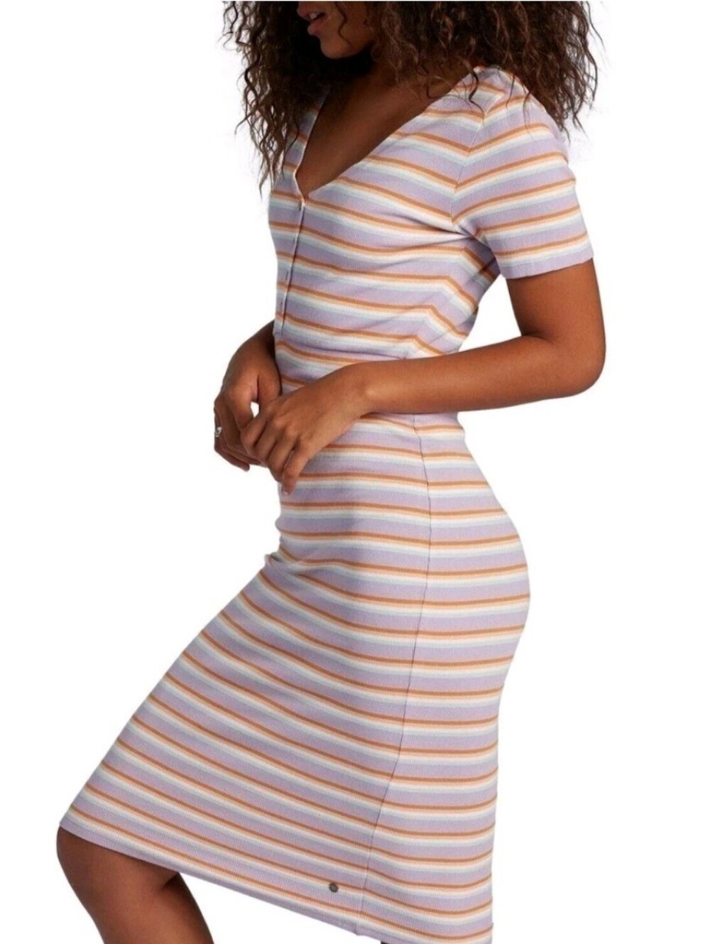 Roxy Colorful Rainbow Happy Stripe Short Sleeve Button Dress, Size M